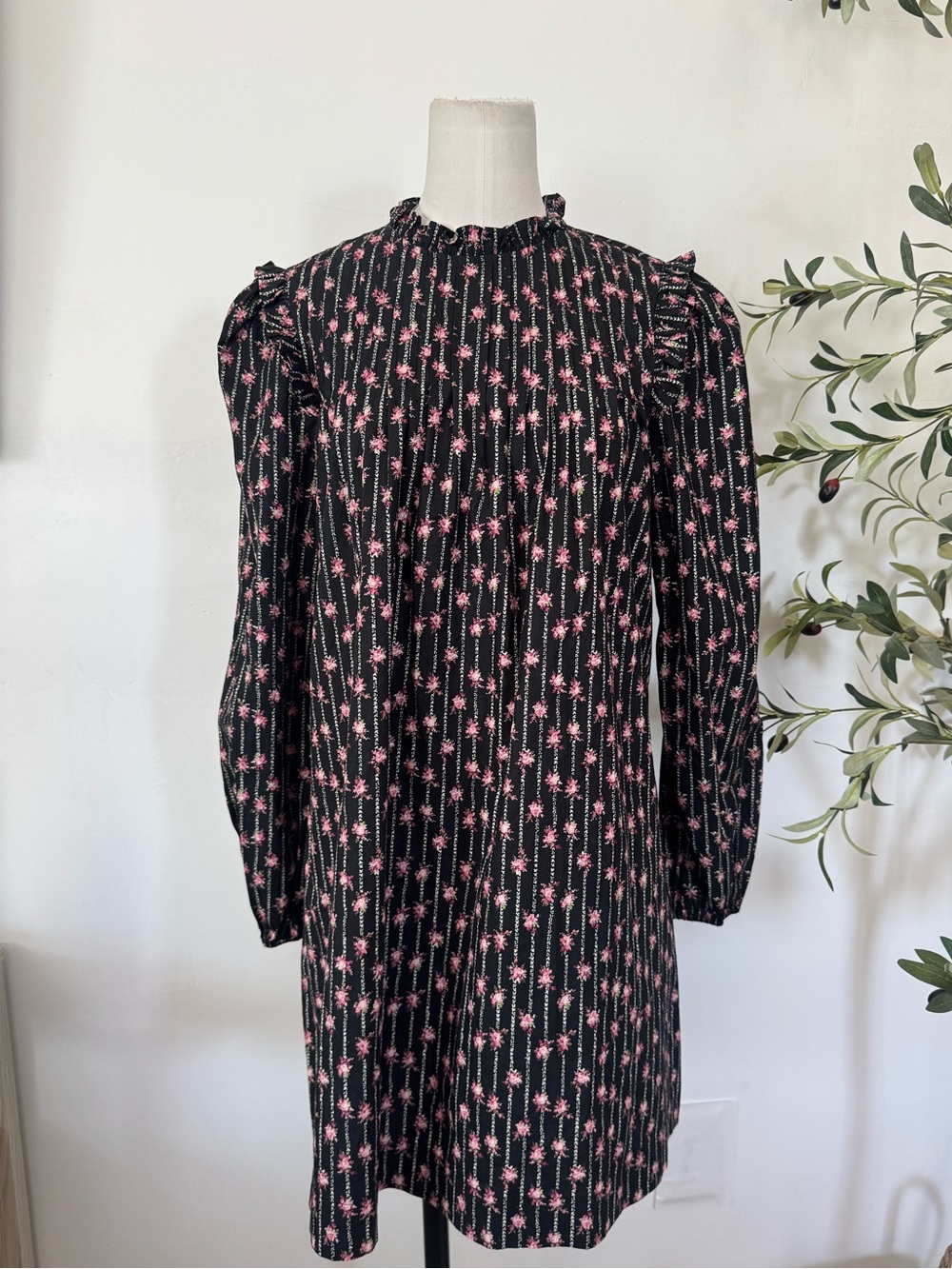 WAYF Floral Mini Dress XS Black Pink Cotton Ruffle Neck Long Sleeve Cottagecore